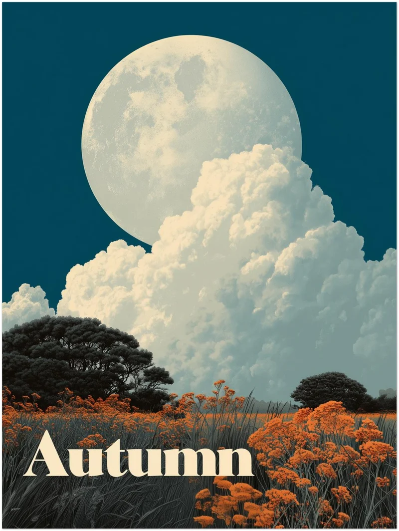 Vollmond über Herbstwiese Poster