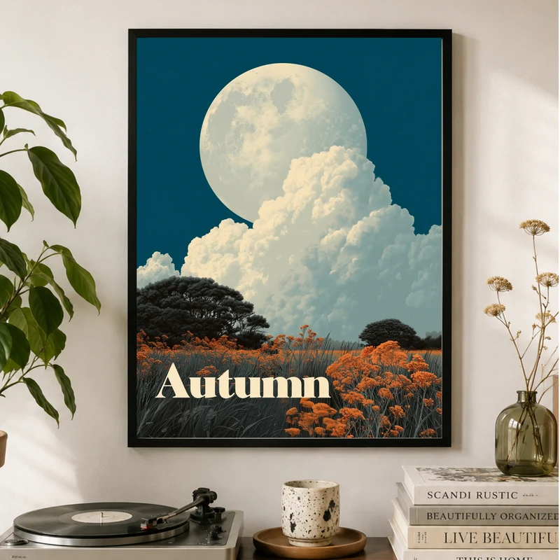 Vollmond über Herbstwiese Poster