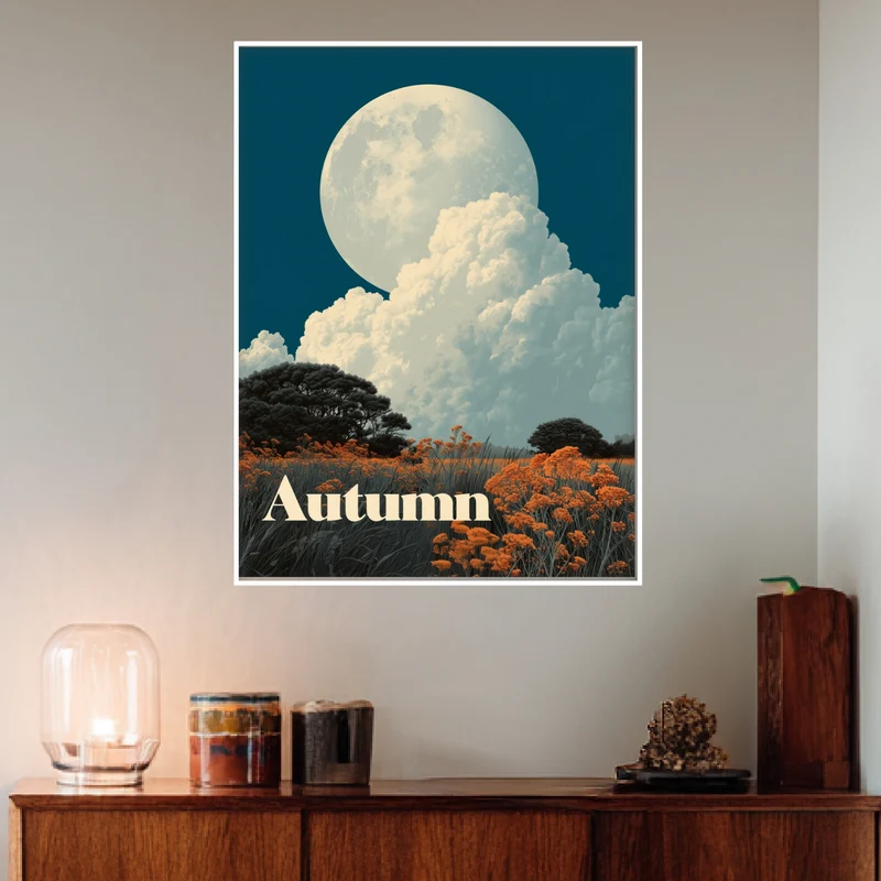 Vollmond über Herbstwiese Poster