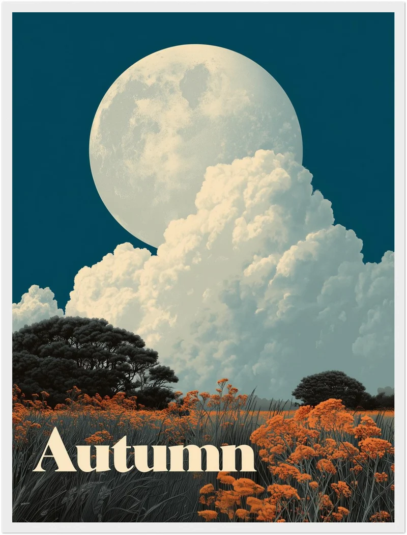 Vollmond über Herbstwiese Poster
