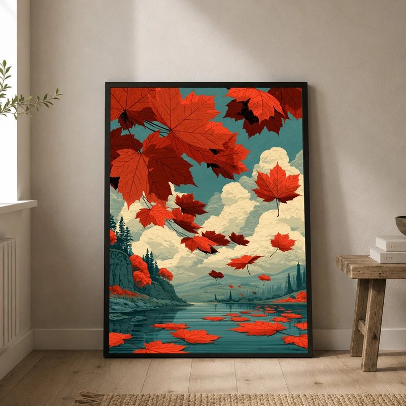 Rote Ahornblätter im Herbstwind Poster