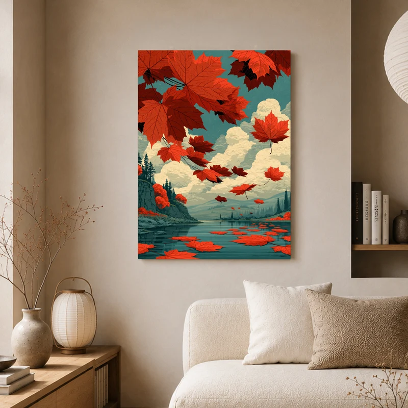 Rote Ahornblätter im Herbstwind Poster