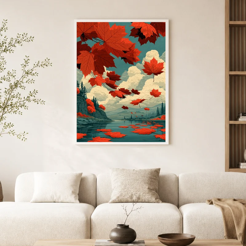 Rote Ahornblätter im Herbstwind Poster