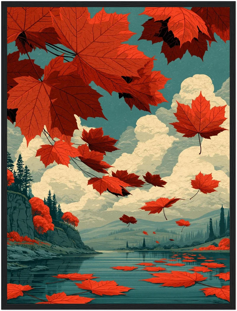 Rote Ahornblätter im Herbstwind Poster