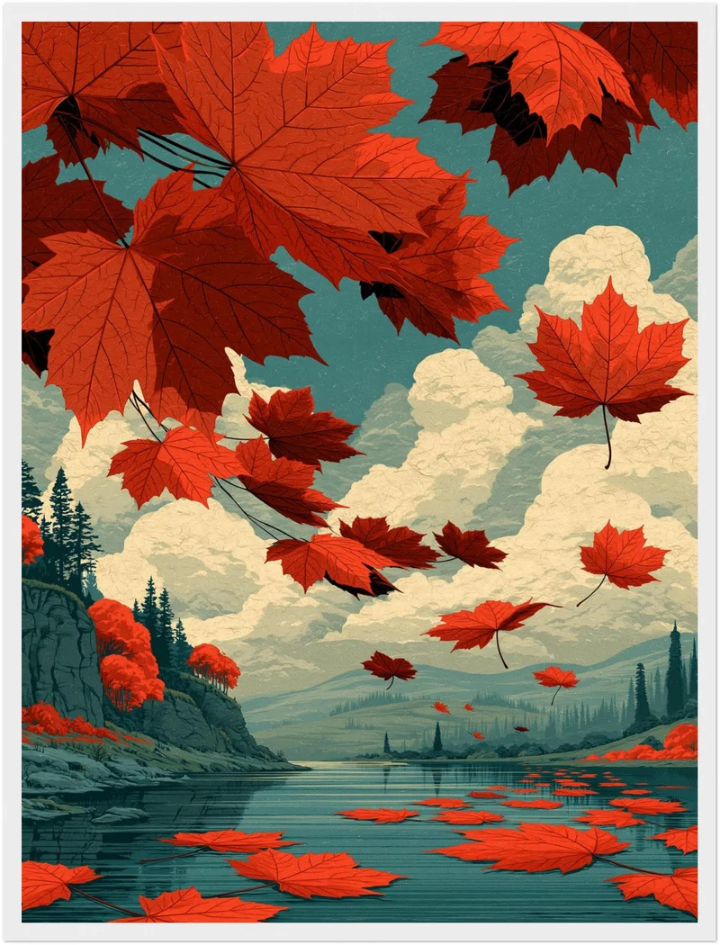 Rote Ahornblätter im Herbstwind Poster