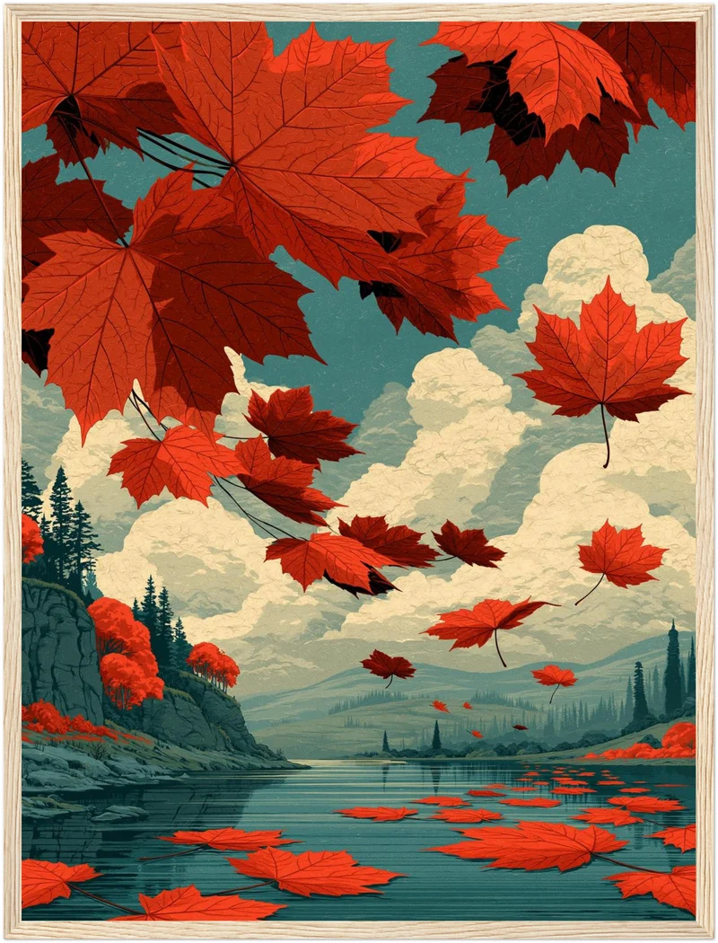 Rote Ahornblätter im Herbstwind Poster
