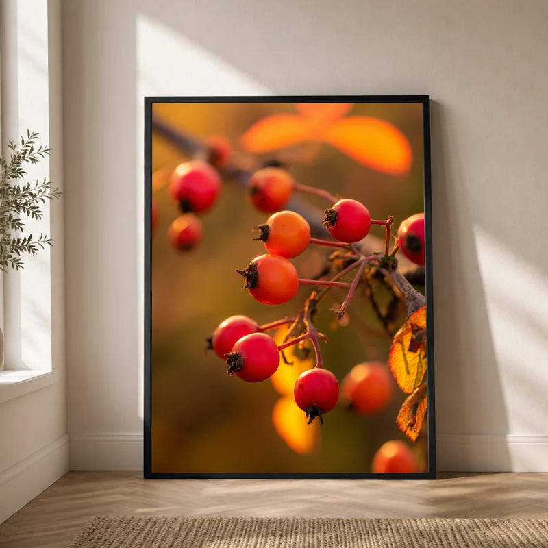 Rote Hagebutten im Herbstlicht Poster