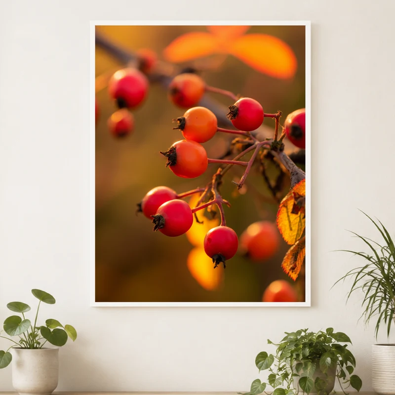 Rote Hagebutten im Herbstlicht Poster