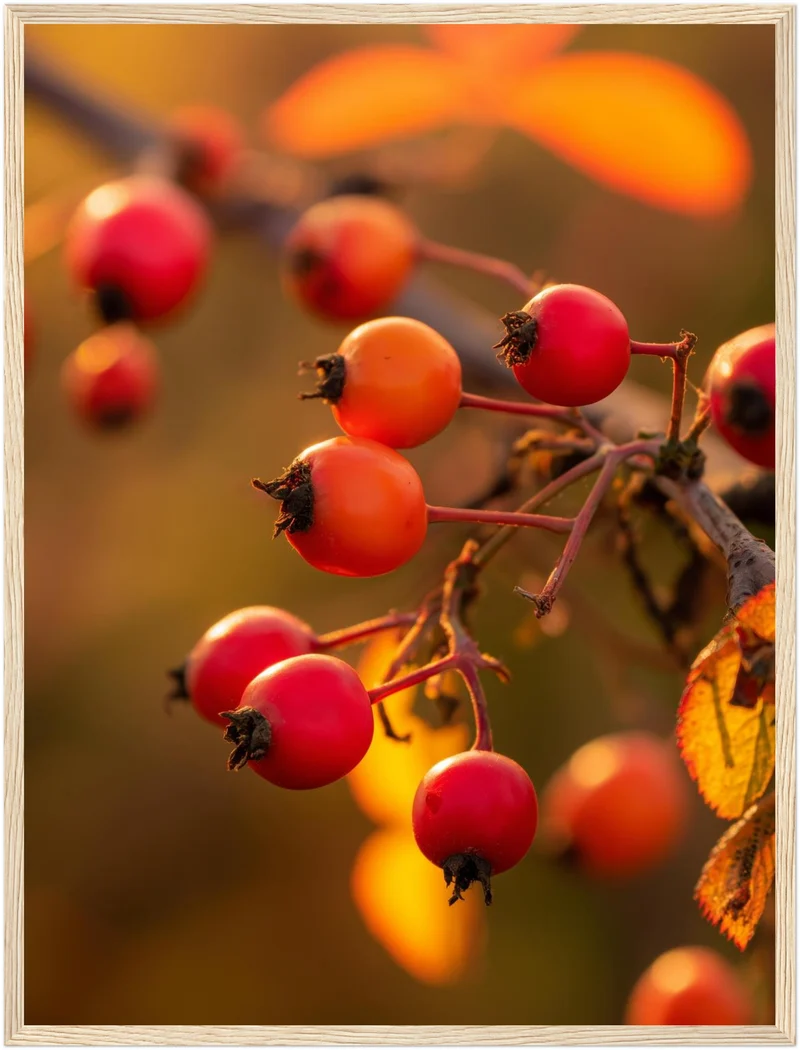 Rote Hagebutten im Herbstlicht Poster