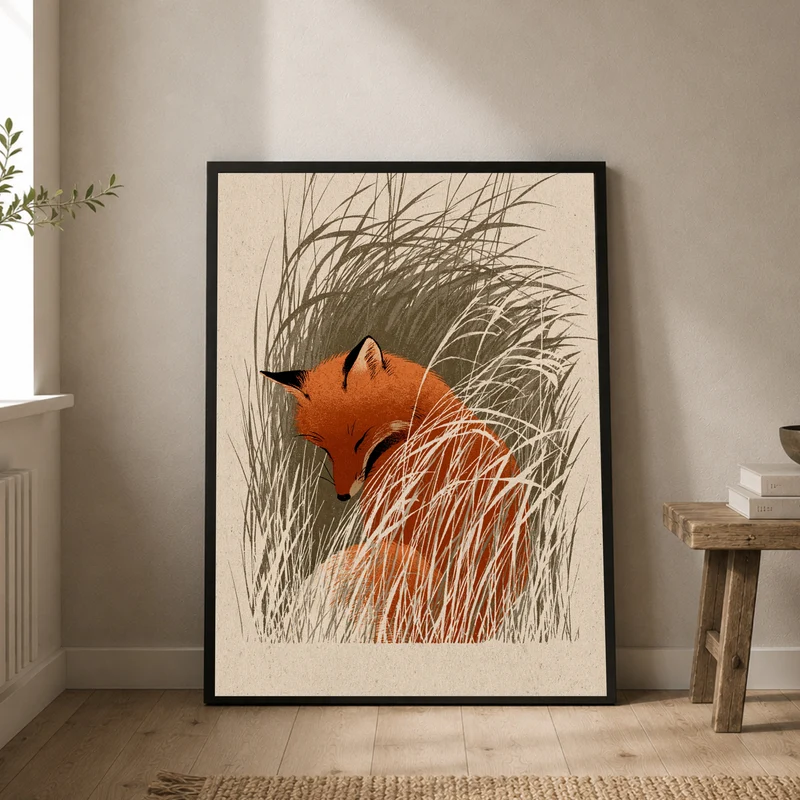 Schlafender Fuchs im Schilf Poster