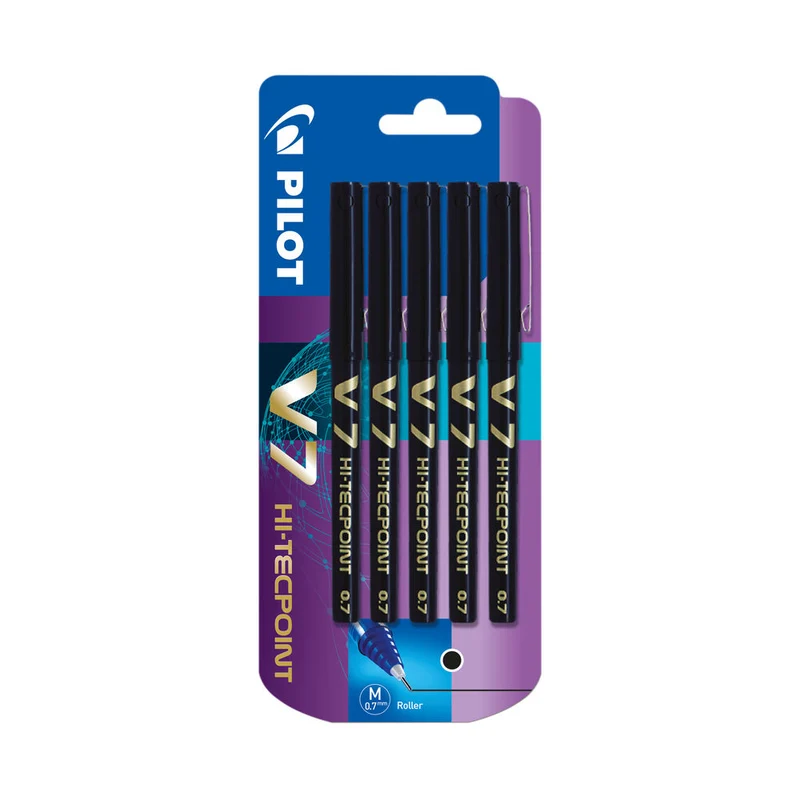 Pilot Hi-Tecpoint V7 - Liquid Ink Rollerball pen - Black - Medium Tip - 5 Pack