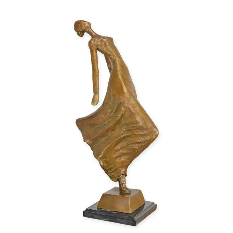 Casa Padrino Luxus Moderne Bronzefigur Tänzerin im fliegenden Kleid Bronze / Gold / Braun 19,9 x 27,9 x H. 60,1 cm - Bronze Skulptur mit Marmorsockel - Moderne Deko Figur - Tänzerin Skulptur