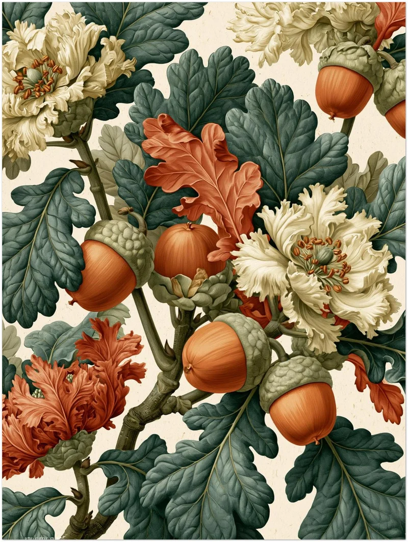 Eicheln und Blüten Retro Leinwand