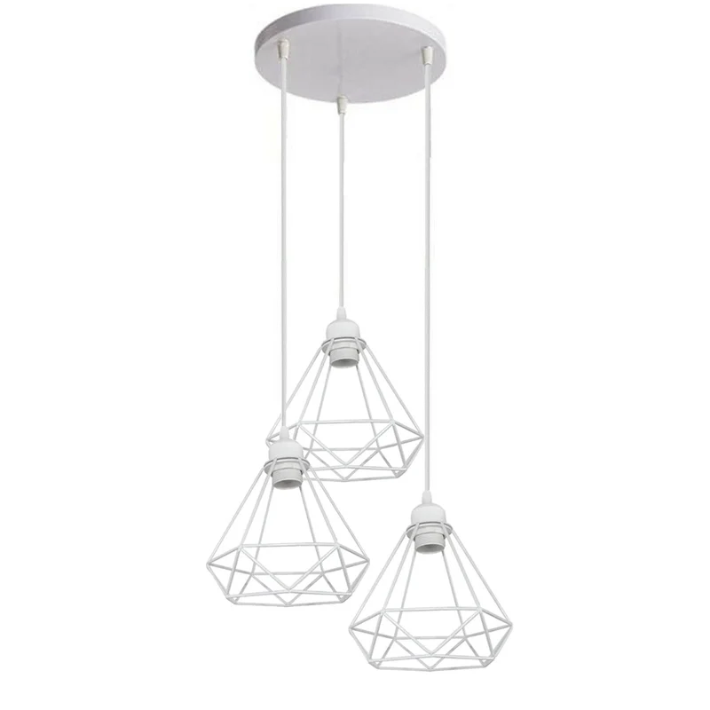 Industrie Retro Hängeleuchte mit 3 Diamant Käfig, 20 cm, Weiß~1897