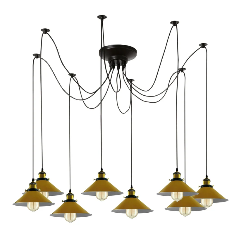 Moderne große Spinne Pendelleuchte 8 Köpfe Cluster von hängenden gelben Kegelschirmen Deckenleuchte Beleuchtung~1855
