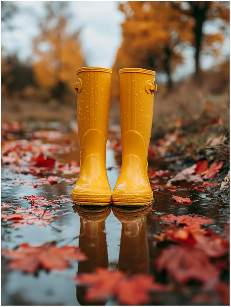 Gelbe Stiefel im Herbstregen Poster