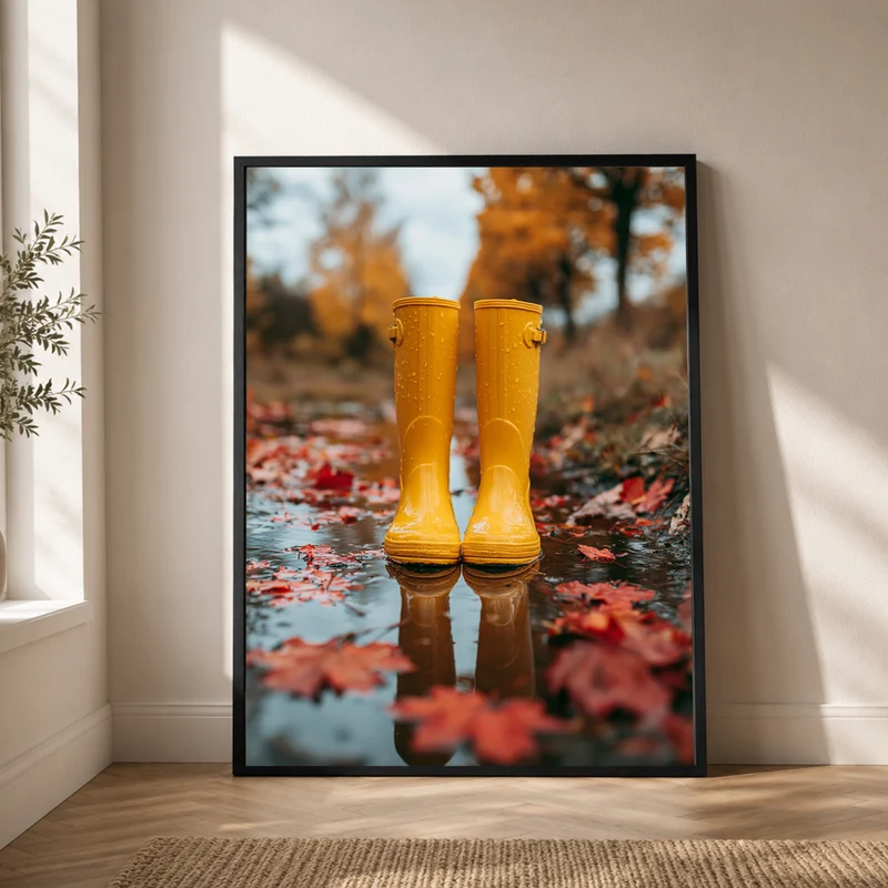 Gelbe Stiefel im Herbstregen Poster