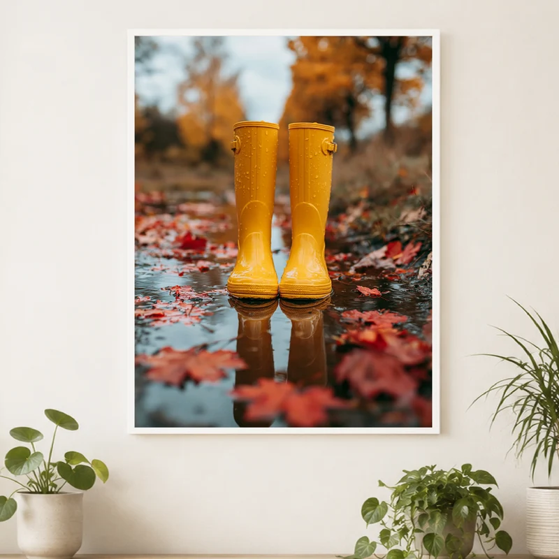 Gelbe Stiefel im Herbstregen Poster