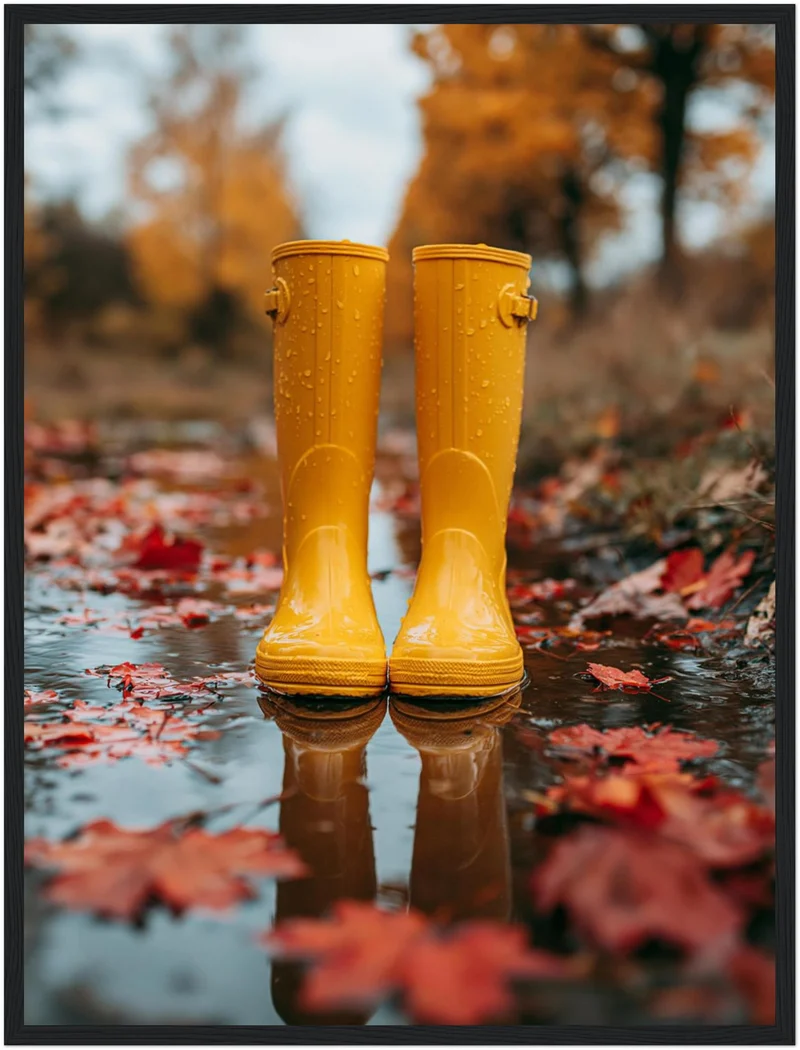Gelbe Stiefel im Herbstregen Poster