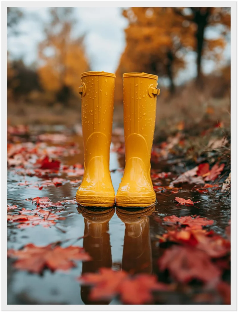 Gelbe Stiefel im Herbstregen Poster