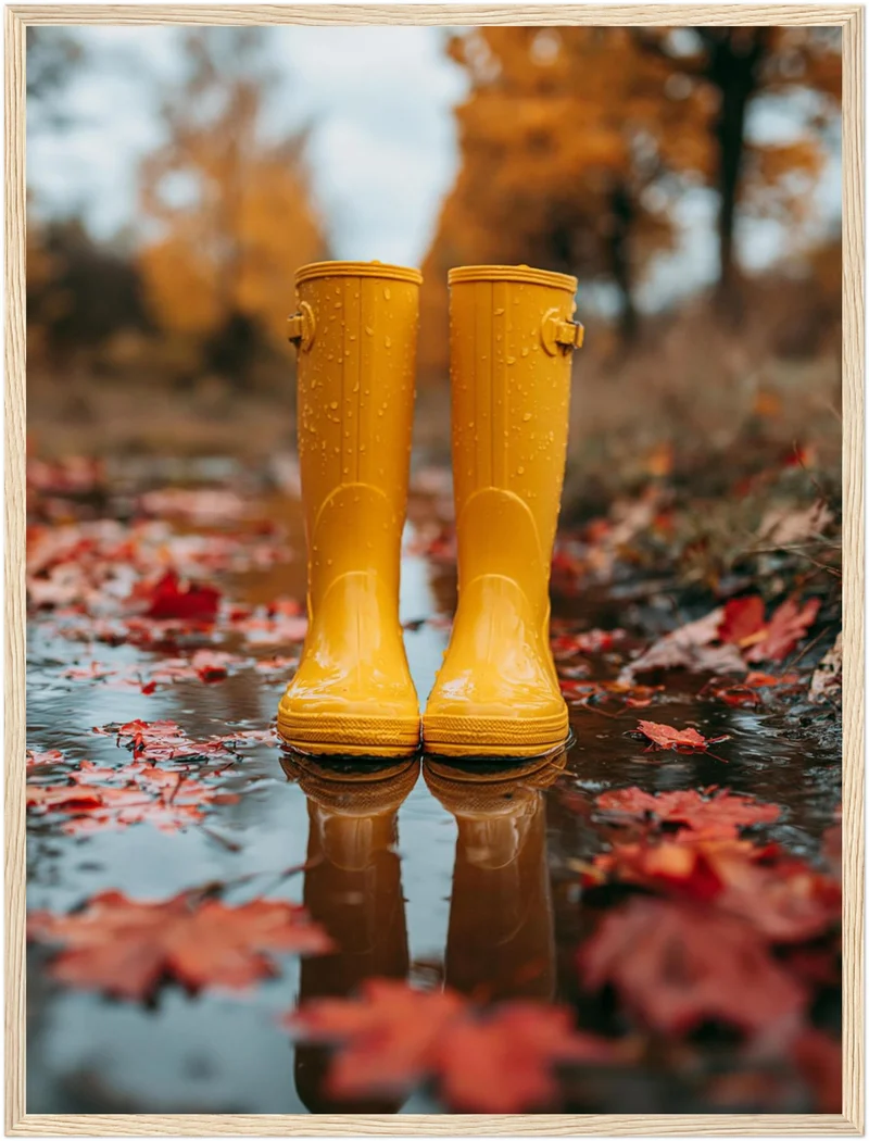Gelbe Stiefel im Herbstregen Poster