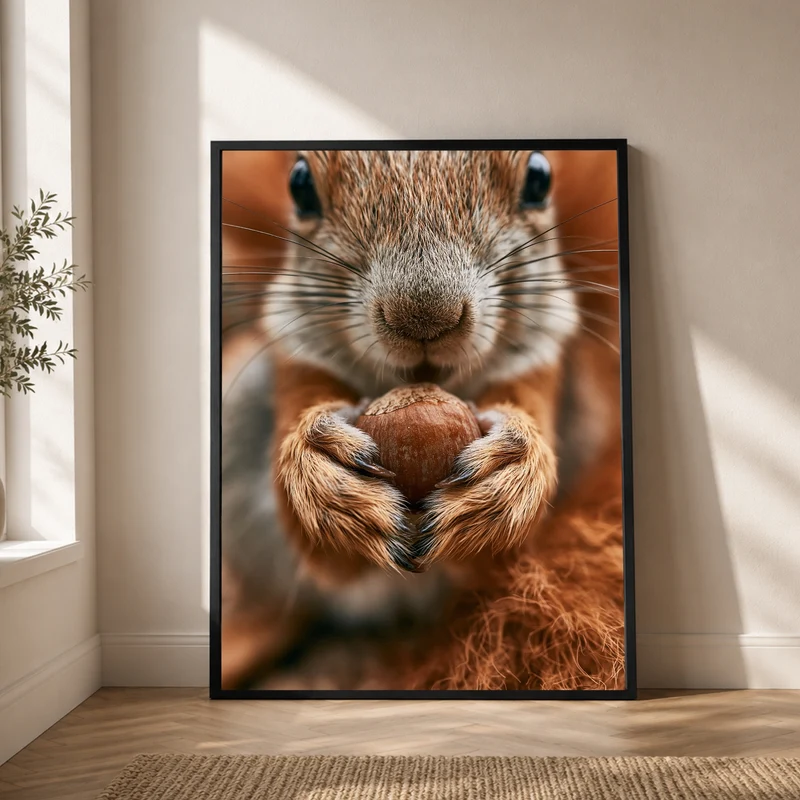 Eichhörnchen mit Haselnuss Poster