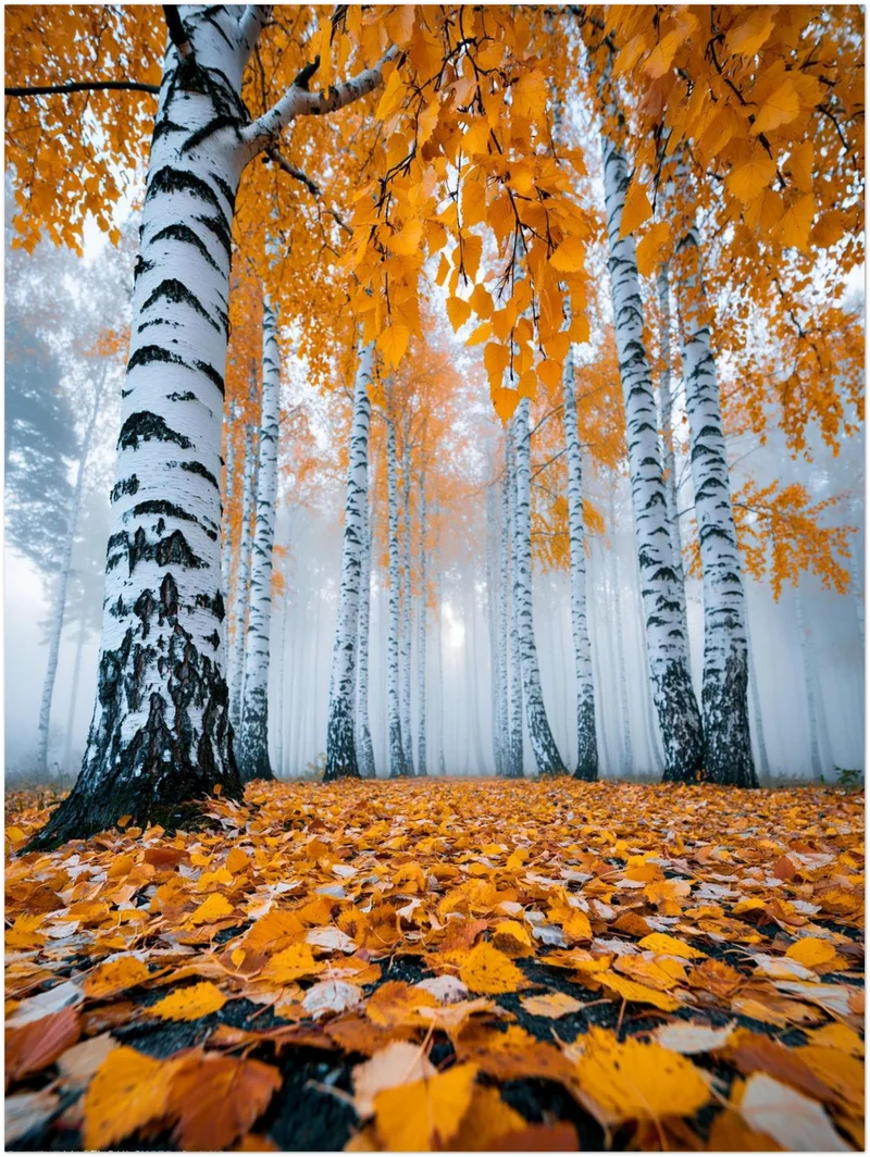 Goldener Birkenwald im Nebel Poster