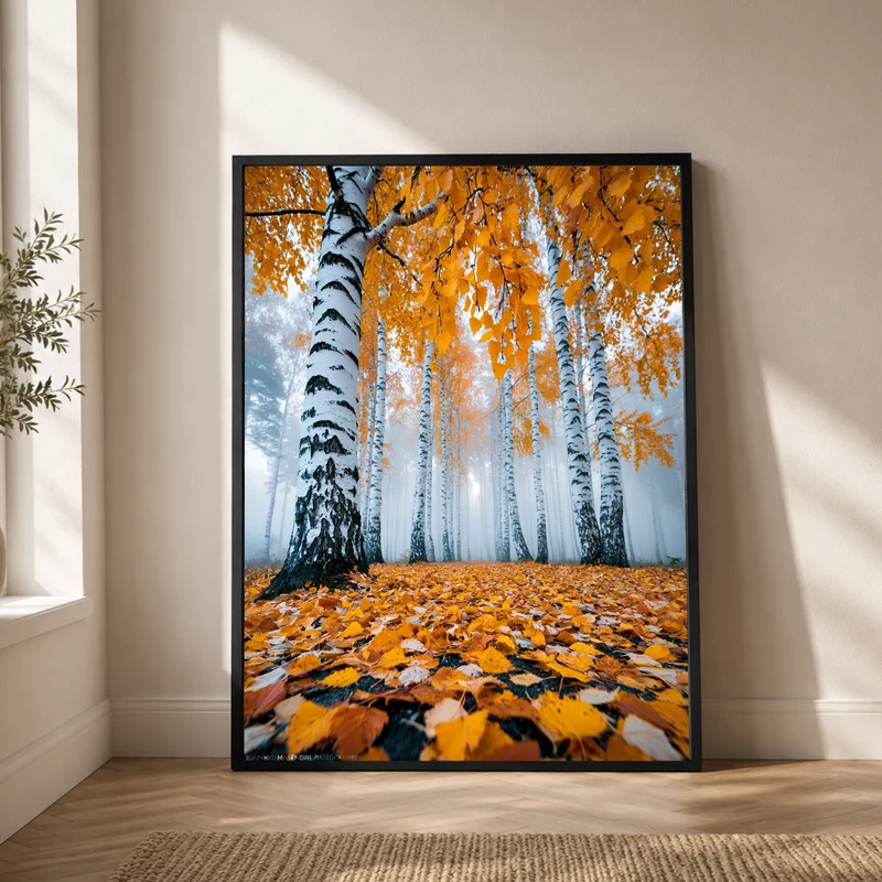 Goldener Birkenwald im Nebel Poster