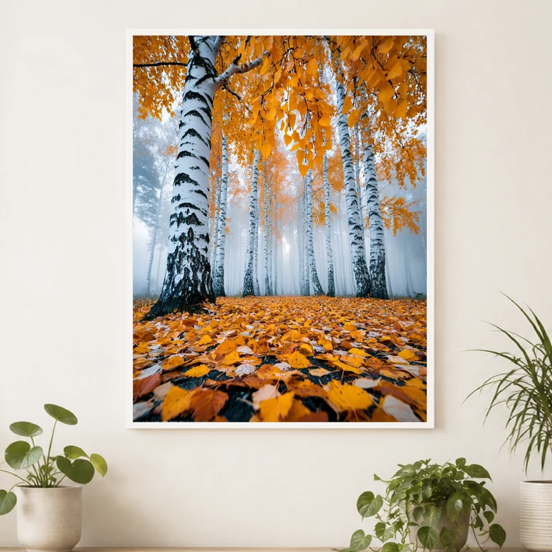 Goldener Birkenwald im Nebel Poster