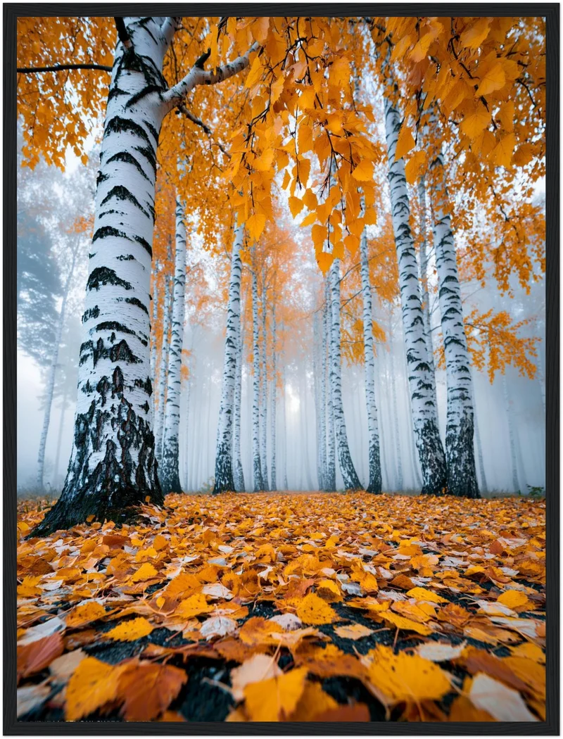 Goldener Birkenwald im Nebel Poster