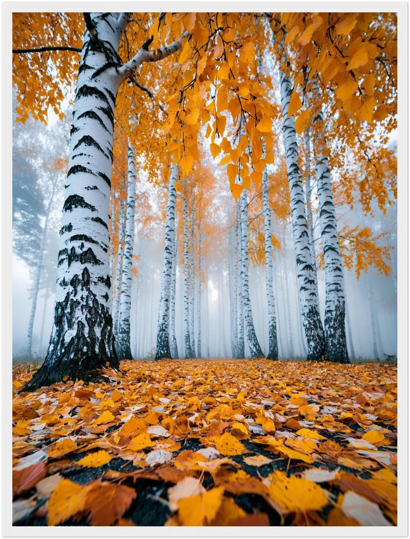 Goldener Birkenwald im Nebel Poster