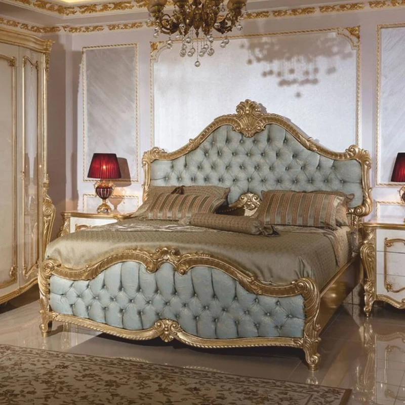 Casa Padrino Luxus Barock Doppelbett Hellblau / Gold 180 x 200 cm - Prunkvolles Barockstil Bett - Barock Schlafzimmer & Hotel Möbel