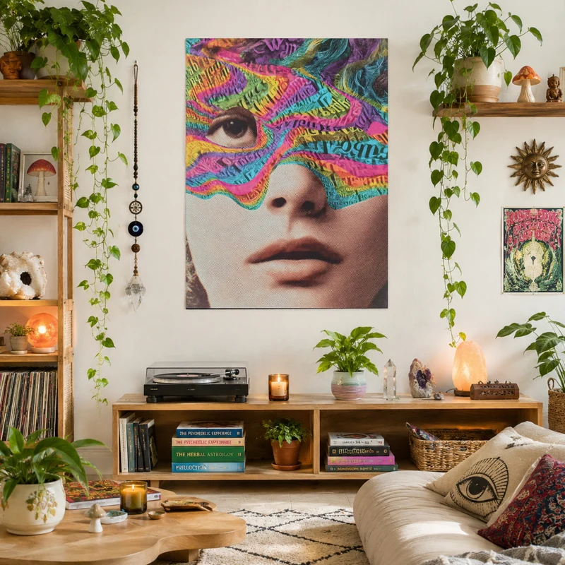 Psychedelisches Gesicht mit Schrift Leinwand