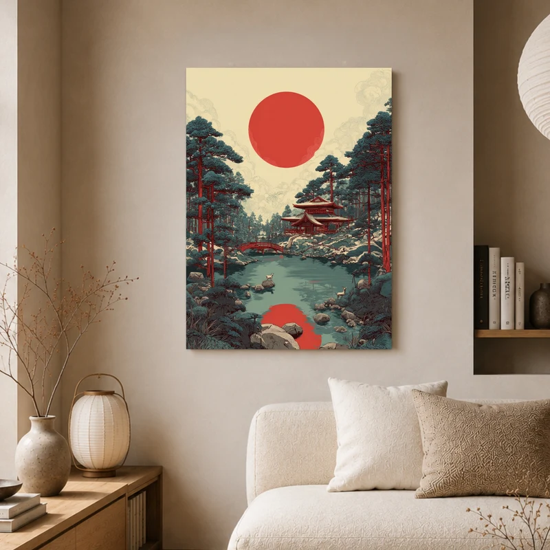 Roter Mond über Tempelteich Leinwand