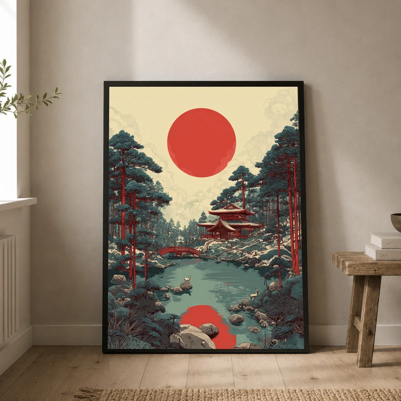 Roter Mond über Tempelteich Poster