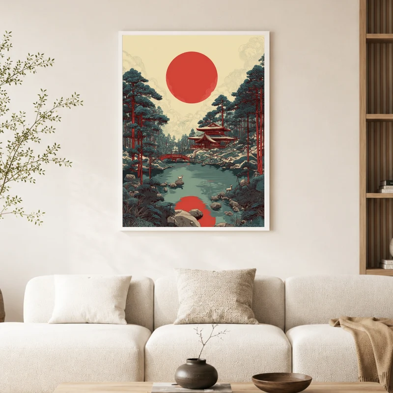 Roter Mond über Tempelteich Poster