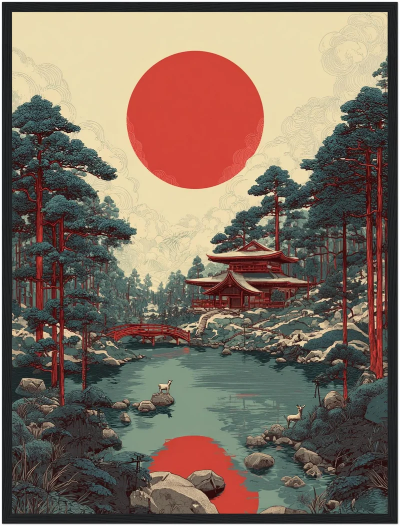 Roter Mond über Tempelteich Poster
