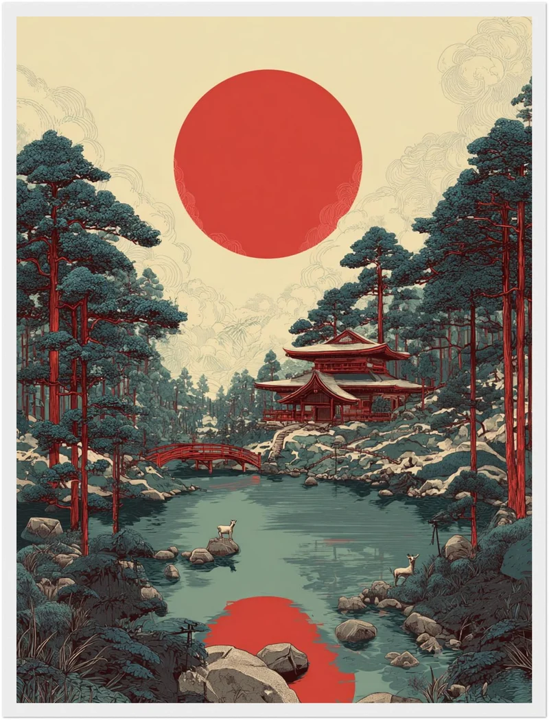 Roter Mond über Tempelteich Poster