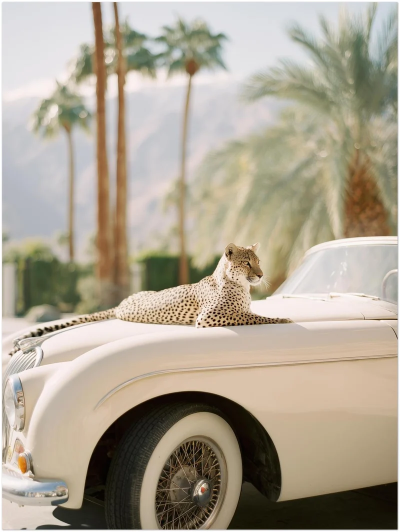 Gepard auf Creme-Cabrio Poster