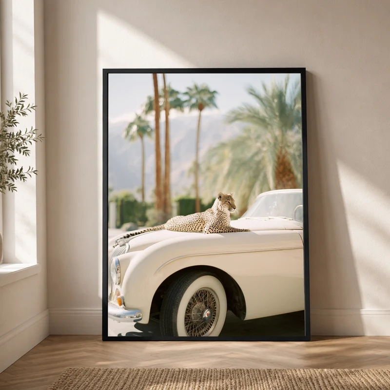 Gepard auf Creme-Cabrio Poster
