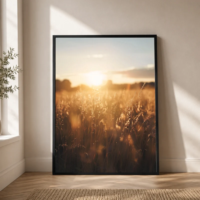 Goldenes Abendlicht im Grasfeld Poster