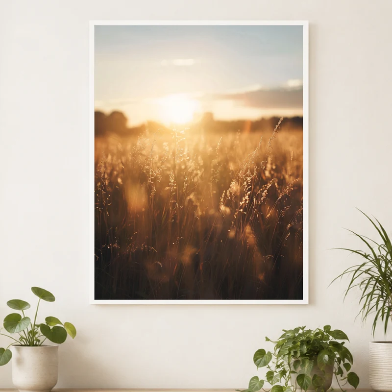 Goldenes Abendlicht im Grasfeld Poster