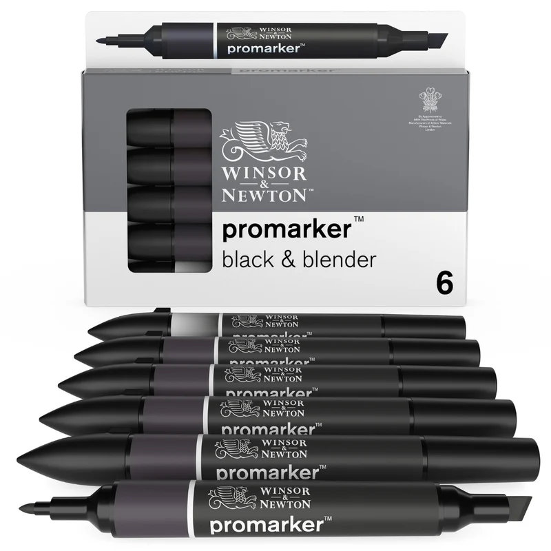 Winsor & Newton - 5x Black and 1x Blender - Promarker 6 Set