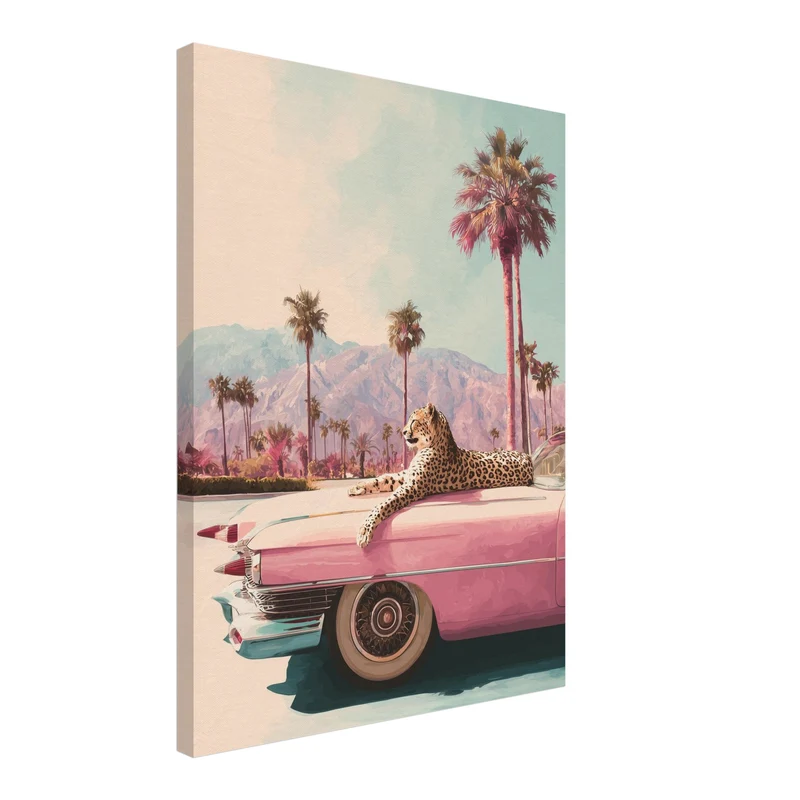 Leopard auf rosa Cadillac Leinwand