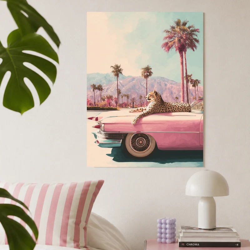 Leopard auf rosa Cadillac Leinwand