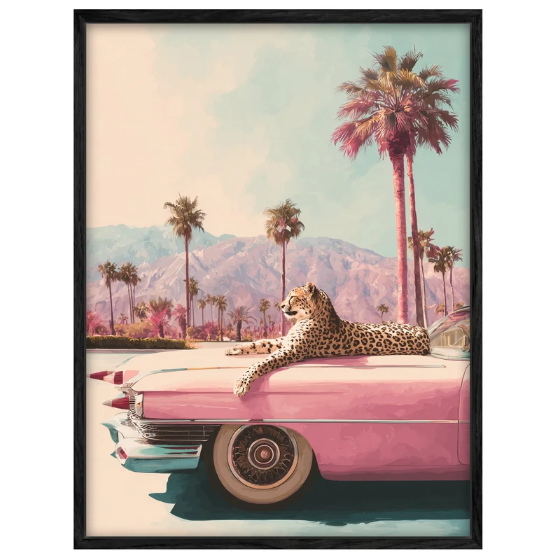Leopard auf rosa Cadillac Leinwand