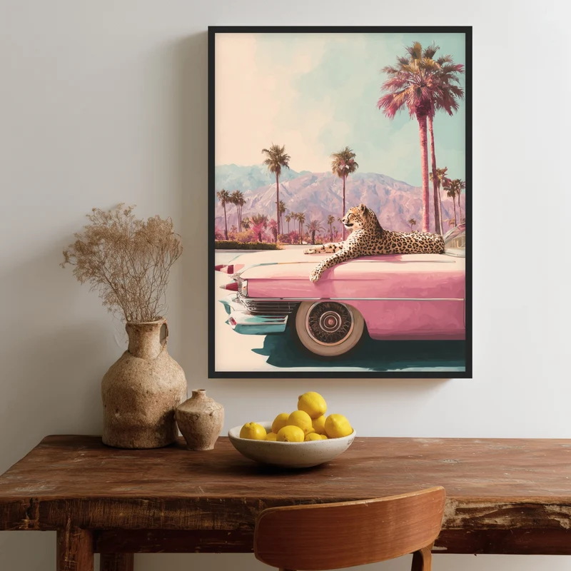 Leopard auf rosa Cadillac Poster