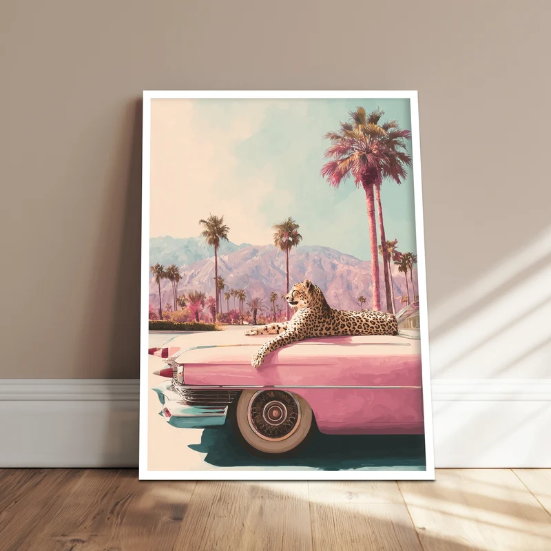 Leopard auf rosa Cadillac Poster