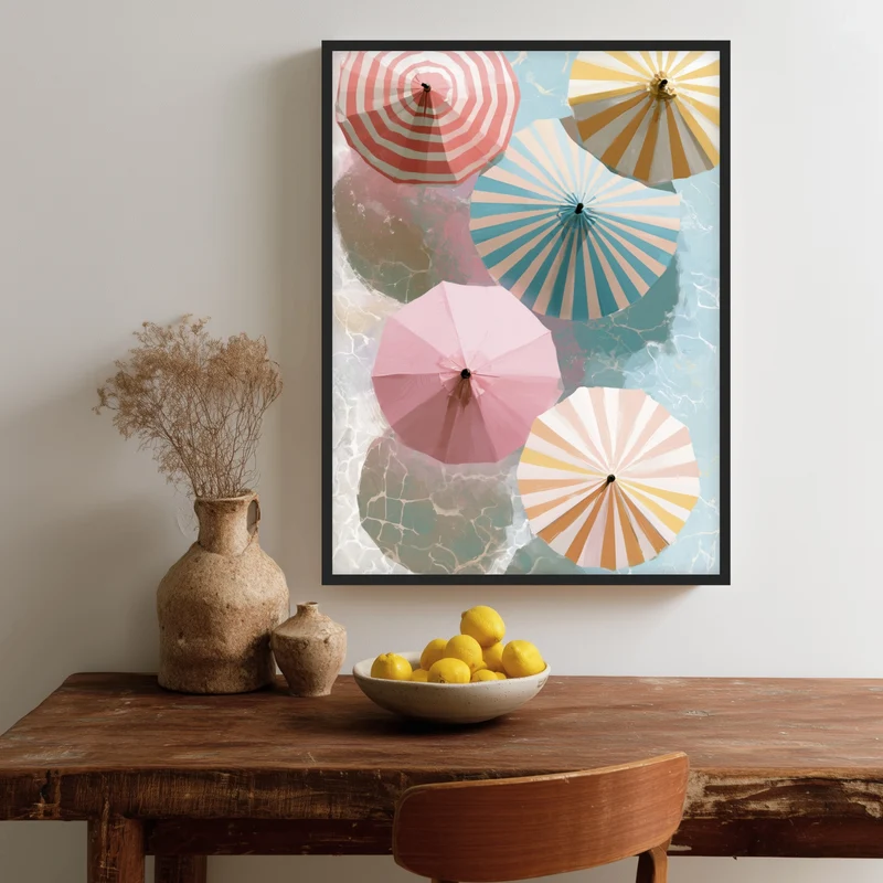 Sonnenschirme über Wasser Poster
