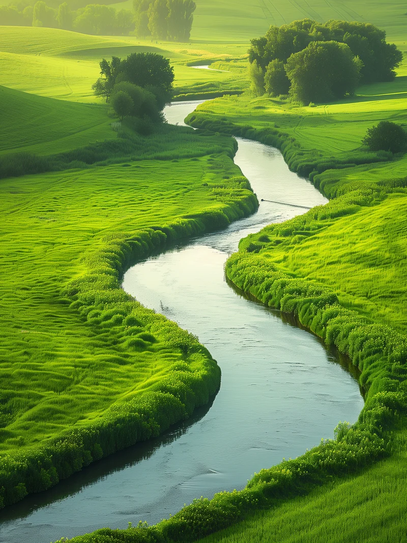 Fluss in grüner Landschaft Poster